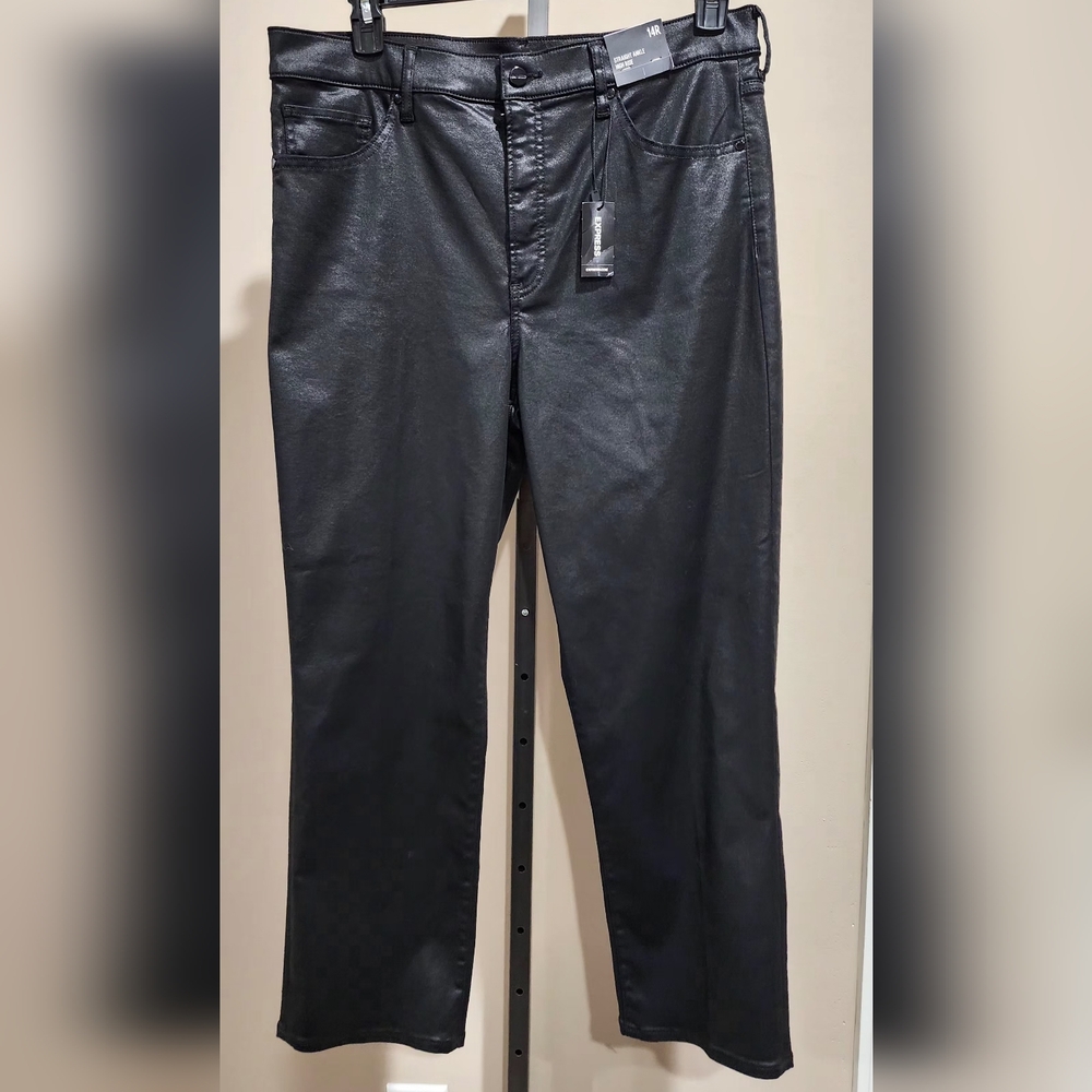 NWT Express High Waisted Black Coated Straight Ankle Pants Size 14R